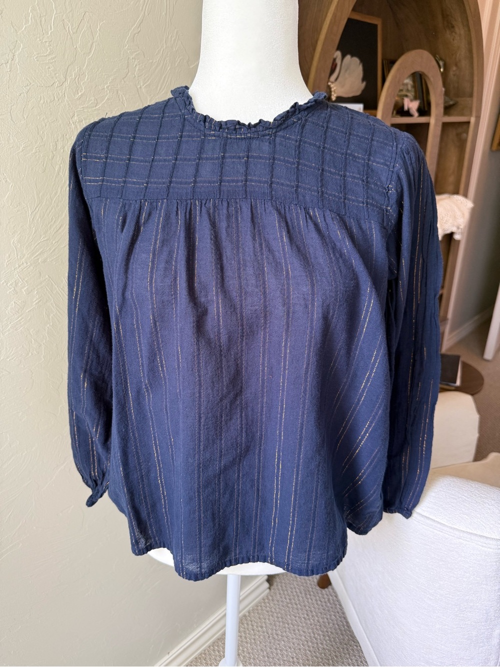 Maeve Anthropologie Navy Rust Thread Flowing Cotton Blouse M